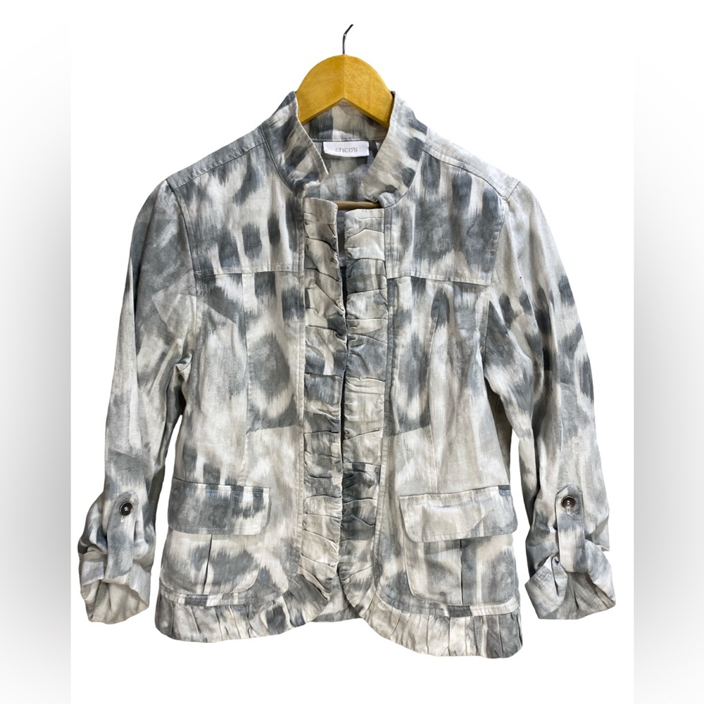 Chico's Linen Cotton Open Front Jacket Size 1 (US 8/10) Monochrome White Gray